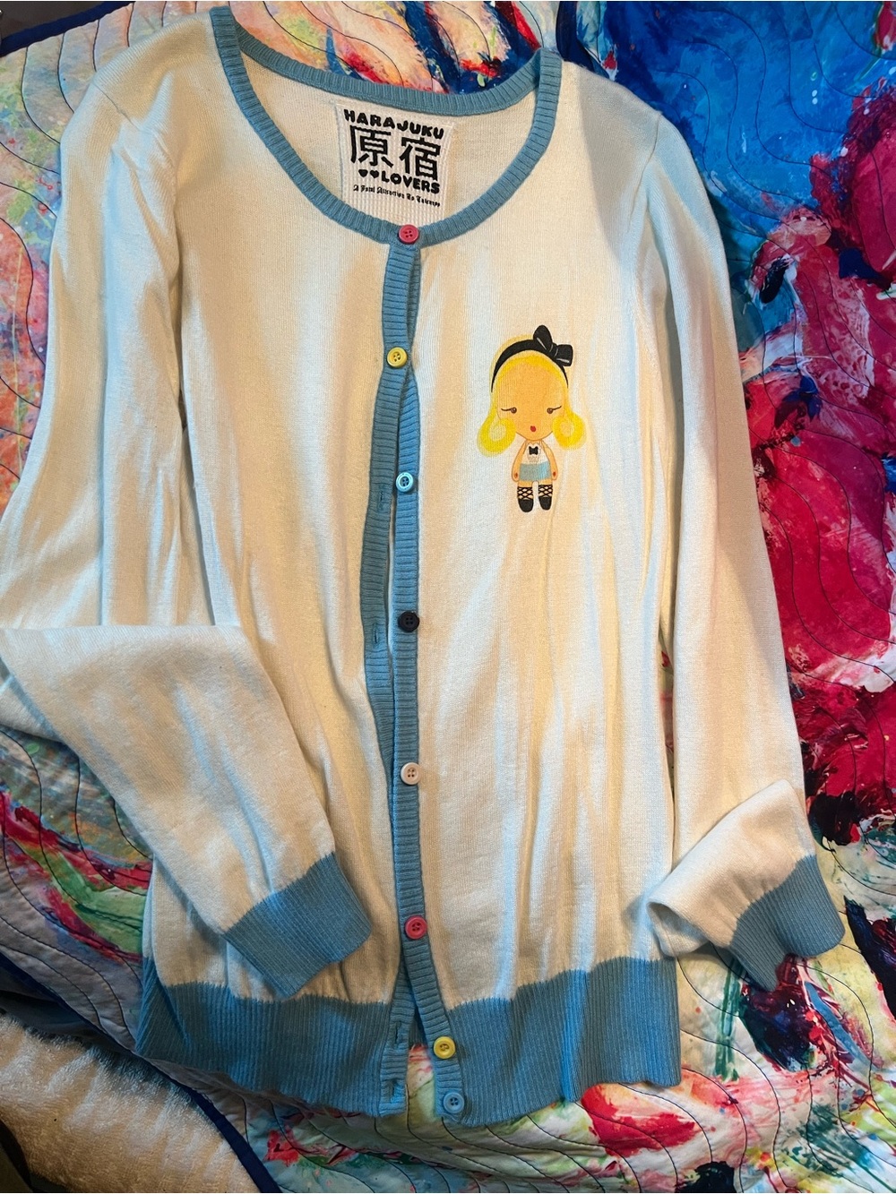 Harajuku Lovers Cream Cardigan with Blue Trim and Kawaii Girl Graphic